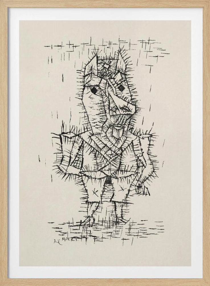 A framed black and white abstract ink drawing by Paul Klee from 1925. The artwork features a stylized, angular figure of a man rendered with short, spiky, and dense black lines, giving it a thorny texture. The figure stands on a similarly textured ground, against a stark, off-white background with a few scattered lines. Artwork