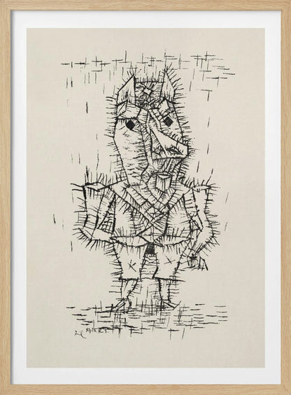 A framed black and white abstract ink drawing by Paul Klee from 1925. The artwork features a stylized, angular figure of a man rendered with short, spiky, and dense black lines, giving it a thorny texture. The figure stands on a similarly textured ground, against a stark, off-white background with a few scattered lines. Artwork