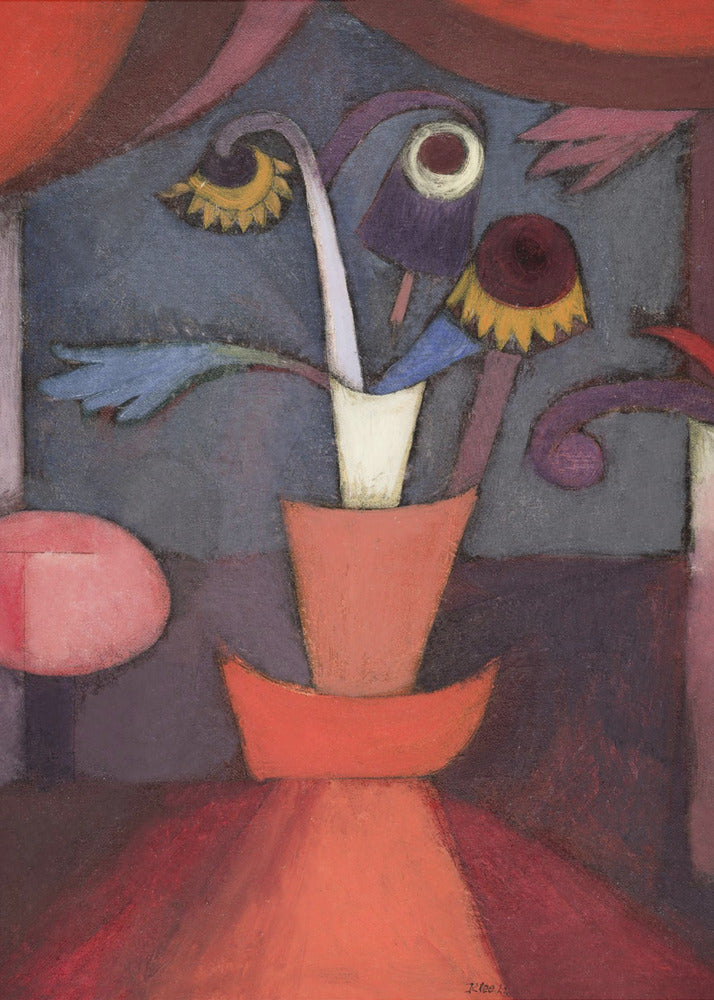 An abstract still life painting of bizarre, whimsical flowers in an orange vase. The flowers are purple, yellow, and blue with surreal, eye-like shapes, set against a moody dark blue background framed by rich red and purple shapes. Print