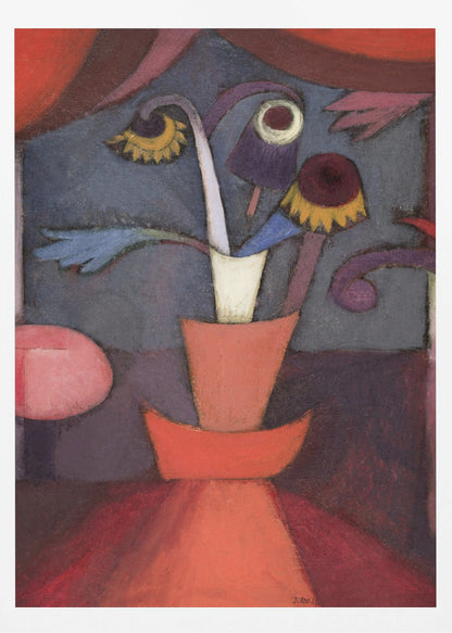 An abstract still life painting of bizarre, whimsical flowers in an orange vase. The flowers are purple, yellow, and blue with surreal, eye-like shapes, set against a moody dark blue background framed by rich red and purple shapes. Print