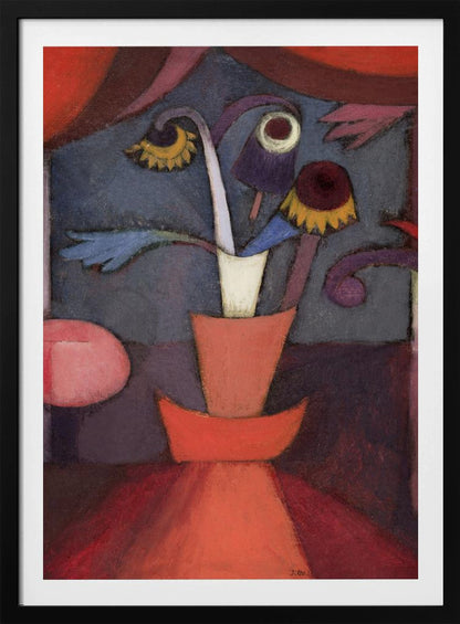 An abstract still life painting of bizarre, whimsical flowers in an orange vase. The flowers are purple, yellow, and blue with surreal, eye-like shapes, set against a moody dark blue background framed by rich red and purple shapes. Print