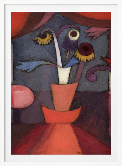 An abstract still life painting of bizarre, whimsical flowers in an orange vase. The flowers are purple, yellow, and blue with surreal, eye-like shapes, set against a moody dark blue background framed by rich red and purple shapes. Print
