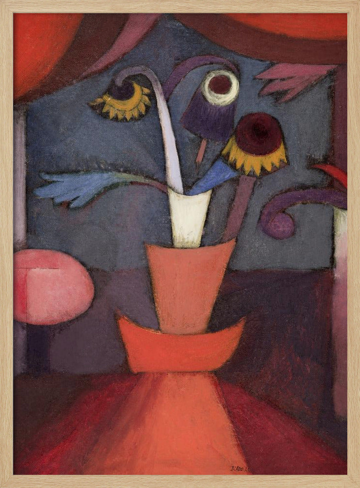 An abstract still life painting of bizarre, whimsical flowers in an orange vase. The flowers are purple, yellow, and blue with surreal, eye-like shapes, set against a moody dark blue background framed by rich red and purple shapes. Print