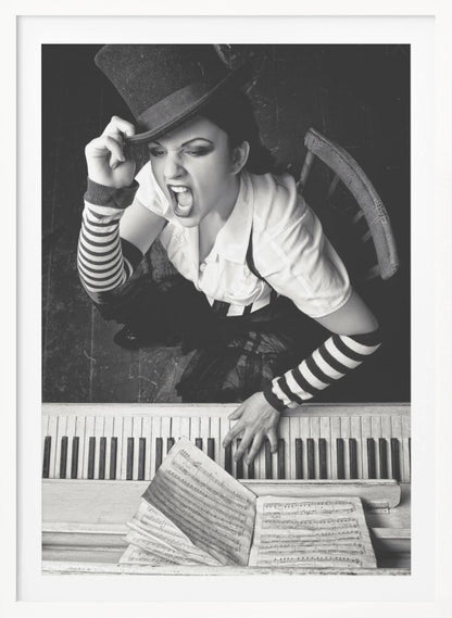 A dramatic black and white high-angle photograph of a woman in a top hat and striped arm warmers, shouting or singing passionately while seated at a piano with sheet music. Print