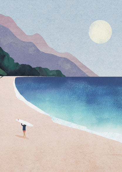 A minimalist illustration of a lone surfer standing on a vast pink sand beach, holding a surfboard above their head. The turquoise and blue ocean waves gently roll onto the shore, with layered purple and pink mountains in the background under a pale yellow sun and a light blue sky. Wall Art