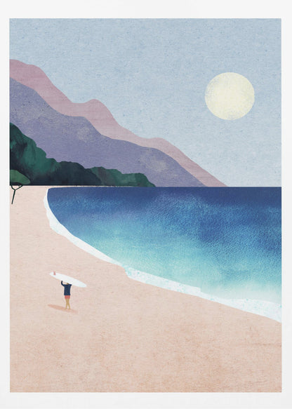 A minimalist illustration of a lone surfer standing on a vast pink sand beach, holding a surfboard above their head. The turquoise and blue ocean waves gently roll onto the shore, with layered purple and pink mountains in the background under a pale yellow sun and a light blue sky. Wall Art