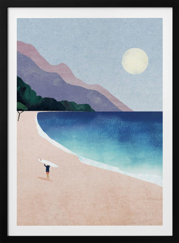 A minimalist illustration of a lone surfer standing on a vast pink sand beach, holding a surfboard above their head. The turquoise and blue ocean waves gently roll onto the shore, with layered purple and pink mountains in the background under a pale yellow sun and a light blue sky. Wall Art
