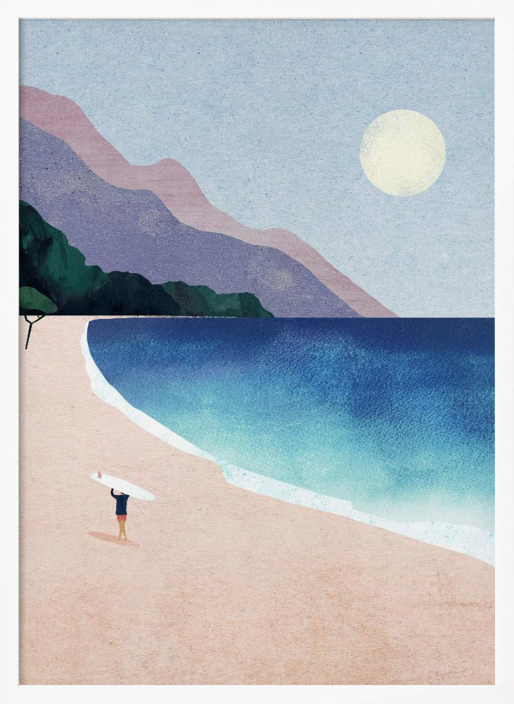 A minimalist illustration of a lone surfer standing on a vast pink sand beach, holding a surfboard above their head. The turquoise and blue ocean waves gently roll onto the shore, with layered purple and pink mountains in the background under a pale yellow sun and a light blue sky. Wall Art