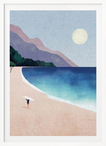 A minimalist illustration of a lone surfer standing on a vast pink sand beach, holding a surfboard above their head. The turquoise and blue ocean waves gently roll onto the shore, with layered purple and pink mountains in the background under a pale yellow sun and a light blue sky. Wall Art