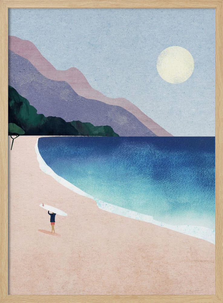 A minimalist illustration of a lone surfer standing on a vast pink sand beach, holding a surfboard above their head. The turquoise and blue ocean waves gently roll onto the shore, with layered purple and pink mountains in the background under a pale yellow sun and a light blue sky. Wall Art