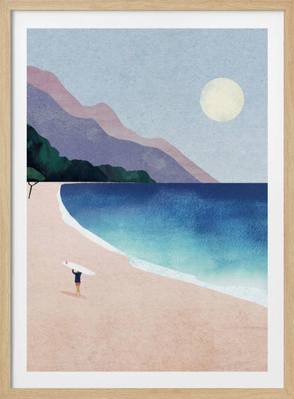 A minimalist illustration of a lone surfer standing on a vast pink sand beach, holding a surfboard above their head. The turquoise and blue ocean waves gently roll onto the shore, with layered purple and pink mountains in the background under a pale yellow sun and a light blue sky. Wall Art