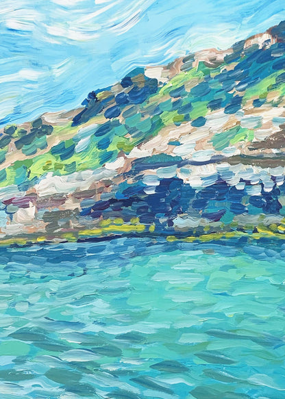 An impressionistic painting of a coastal landscape with thick, textured brushstrokes. The artwork depicts a vibrant turquoise sea in the foreground and a green and brown hillside under a light blue sky, all framed in black. Print