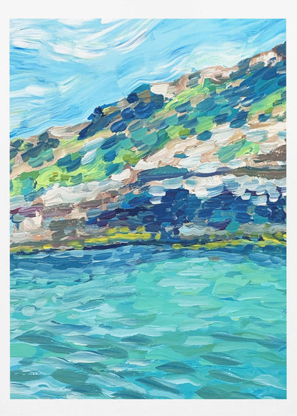 An impressionistic painting of a coastal landscape with thick, textured brushstrokes. The artwork depicts a vibrant turquoise sea in the foreground and a green and brown hillside under a light blue sky, all framed in black. Print