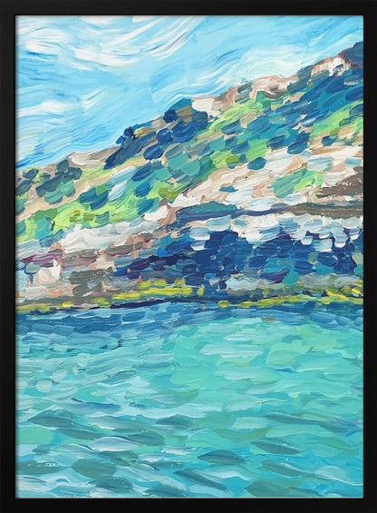 An impressionistic painting of a coastal landscape with thick, textured brushstrokes. The artwork depicts a vibrant turquoise sea in the foreground and a green and brown hillside under a light blue sky, all framed in black. Print