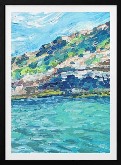 An impressionistic painting of a coastal landscape with thick, textured brushstrokes. The artwork depicts a vibrant turquoise sea in the foreground and a green and brown hillside under a light blue sky, all framed in black. Print