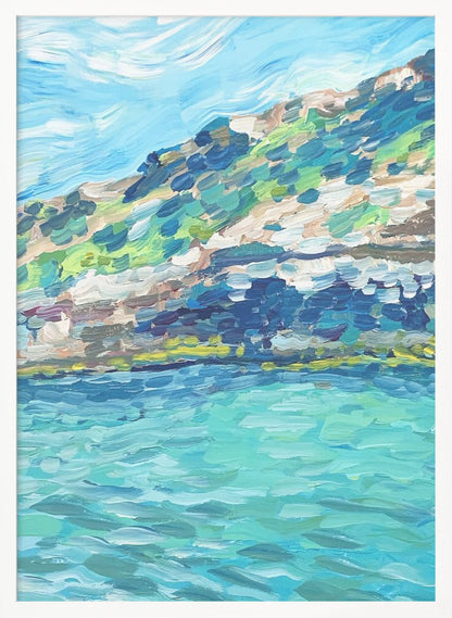 An impressionistic painting of a coastal landscape with thick, textured brushstrokes. The artwork depicts a vibrant turquoise sea in the foreground and a green and brown hillside under a light blue sky, all framed in black. Print