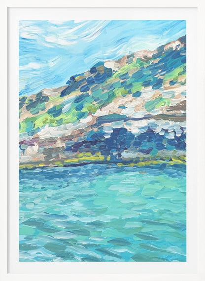 An impressionistic painting of a coastal landscape with thick, textured brushstrokes. The artwork depicts a vibrant turquoise sea in the foreground and a green and brown hillside under a light blue sky, all framed in black. Print