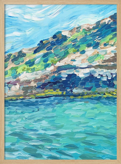 An impressionistic painting of a coastal landscape with thick, textured brushstrokes. The artwork depicts a vibrant turquoise sea in the foreground and a green and brown hillside under a light blue sky, all framed in black. Print