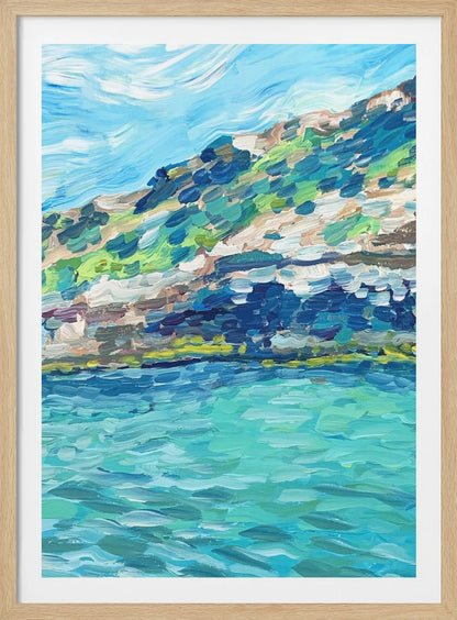 An impressionistic painting of a coastal landscape with thick, textured brushstrokes. The artwork depicts a vibrant turquoise sea in the foreground and a green and brown hillside under a light blue sky, all framed in black. Print