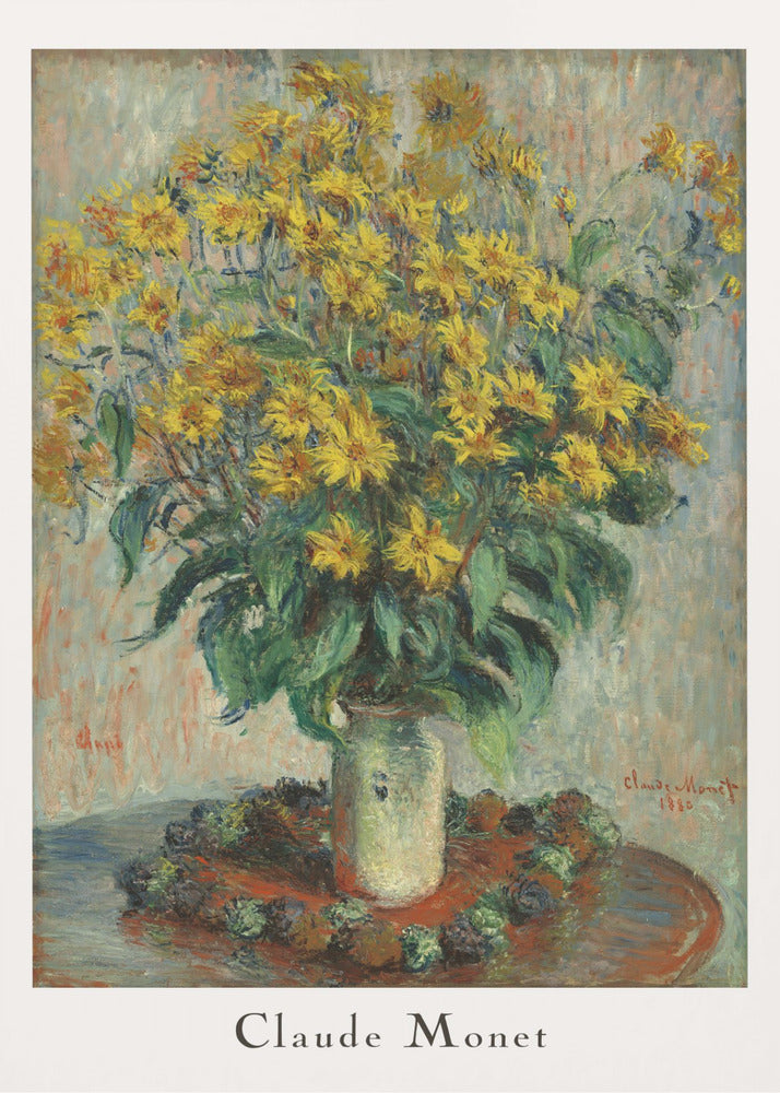 A framed poster of Claude Monet's impressionist painting 'Jerusalem Artichoke Flowers' from 1880. The artwork features a large, overflowing bouquet of bright yellow flowers in a light-colored vase, set upon a reddish-brown table. Artwork