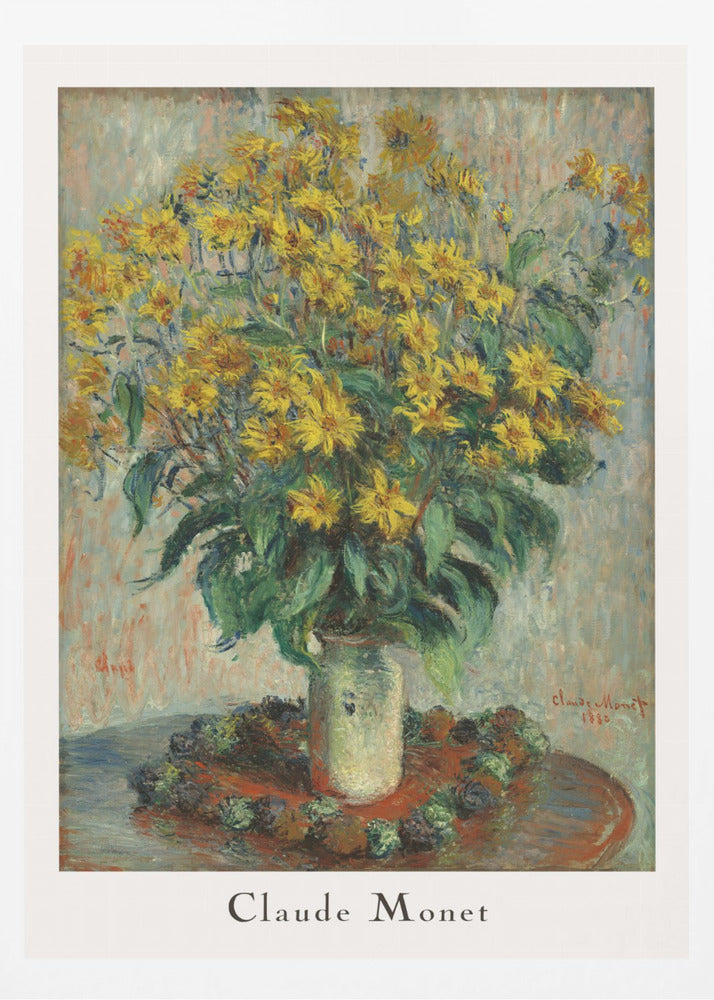 A framed poster of Claude Monet's impressionist painting 'Jerusalem Artichoke Flowers' from 1880. The artwork features a large, overflowing bouquet of bright yellow flowers in a light-colored vase, set upon a reddish-brown table. Artwork