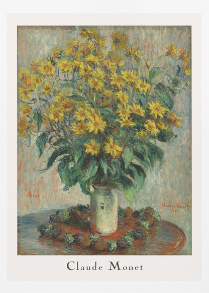 A framed poster of Claude Monet's impressionist painting 'Jerusalem Artichoke Flowers' from 1880. The artwork features a large, overflowing bouquet of bright yellow flowers in a light-colored vase, set upon a reddish-brown table. Artwork