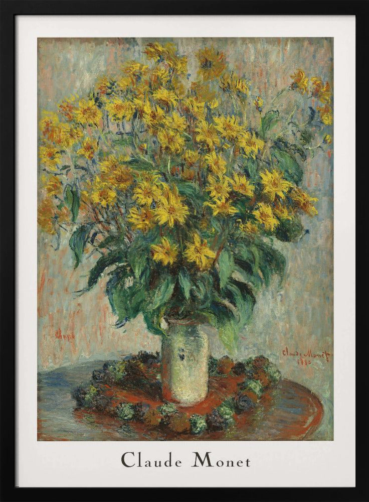 A framed poster of Claude Monet's impressionist painting 'Jerusalem Artichoke Flowers' from 1880. The artwork features a large, overflowing bouquet of bright yellow flowers in a light-colored vase, set upon a reddish-brown table. Artwork