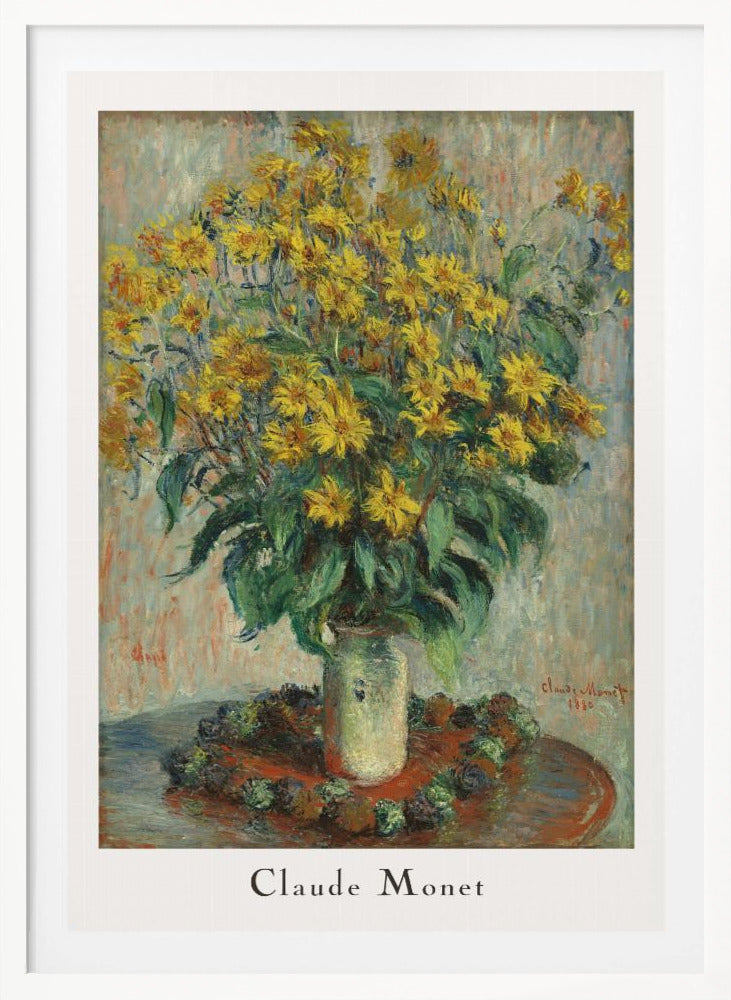 A framed poster of Claude Monet's impressionist painting 'Jerusalem Artichoke Flowers' from 1880. The artwork features a large, overflowing bouquet of bright yellow flowers in a light-colored vase, set upon a reddish-brown table. Artwork