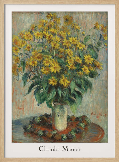 A framed poster of Claude Monet's impressionist painting 'Jerusalem Artichoke Flowers' from 1880. The artwork features a large, overflowing bouquet of bright yellow flowers in a light-colored vase, set upon a reddish-brown table. Artwork