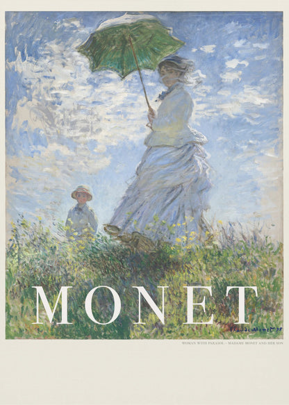 A vintage art poster of Claude Monet's impressionist painting, 'Woman with a Parasol - Madame Monet and Her Son.' It depicts a woman in a white dress holding a green parasol on a grassy hill against a blue, cloud-filled sky, with her son visible in the background. The text 'MONET' is prominently displayed at the bottom. Wall Art
