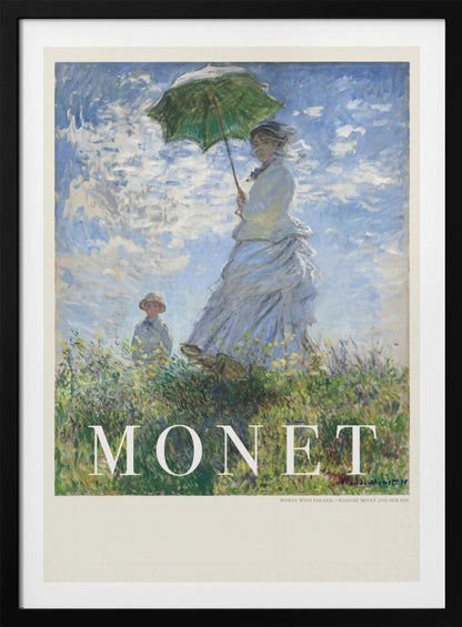 A vintage art poster of Claude Monet's impressionist painting, 'Woman with a Parasol - Madame Monet and Her Son.' It depicts a woman in a white dress holding a green parasol on a grassy hill against a blue, cloud-filled sky, with her son visible in the background. The text 'MONET' is prominently displayed at the bottom. Wall Art