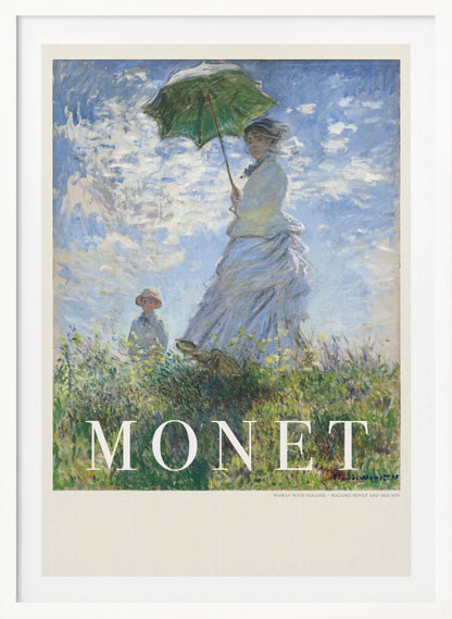 A vintage art poster of Claude Monet's impressionist painting, 'Woman with a Parasol - Madame Monet and Her Son.' It depicts a woman in a white dress holding a green parasol on a grassy hill against a blue, cloud-filled sky, with her son visible in the background. The text 'MONET' is prominently displayed at the bottom. Wall Art