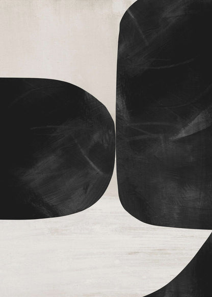 A minimalist abstract painting featuring two large, textured black forms with rounded corners against a light beige background. The forms are placed close together, creating a narrow, curvilinear channel of negative space between them. Print