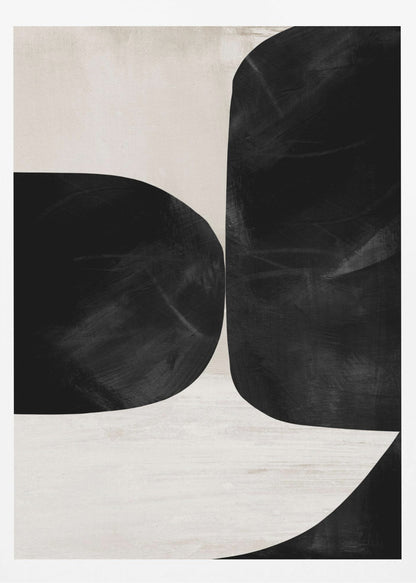 A minimalist abstract painting featuring two large, textured black forms with rounded corners against a light beige background. The forms are placed close together, creating a narrow, curvilinear channel of negative space between them. Print
