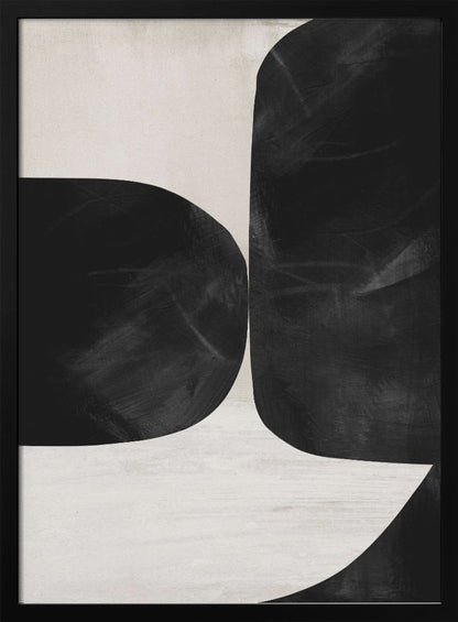 A minimalist abstract painting featuring two large, textured black forms with rounded corners against a light beige background. The forms are placed close together, creating a narrow, curvilinear channel of negative space between them. Print