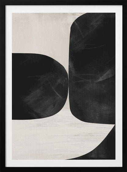 A minimalist abstract painting featuring two large, textured black forms with rounded corners against a light beige background. The forms are placed close together, creating a narrow, curvilinear channel of negative space between them. Print