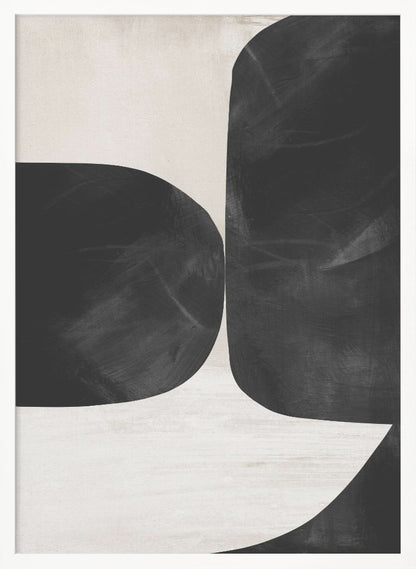 A minimalist abstract painting featuring two large, textured black forms with rounded corners against a light beige background. The forms are placed close together, creating a narrow, curvilinear channel of negative space between them. Print