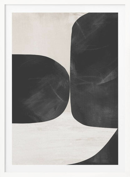 A minimalist abstract painting featuring two large, textured black forms with rounded corners against a light beige background. The forms are placed close together, creating a narrow, curvilinear channel of negative space between them. Print