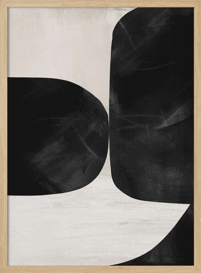 A minimalist abstract painting featuring two large, textured black forms with rounded corners against a light beige background. The forms are placed close together, creating a narrow, curvilinear channel of negative space between them. Print