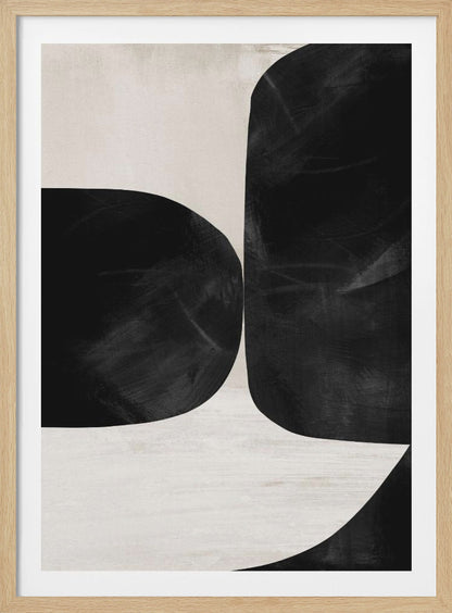 A minimalist abstract painting featuring two large, textured black forms with rounded corners against a light beige background. The forms are placed close together, creating a narrow, curvilinear channel of negative space between them. Print