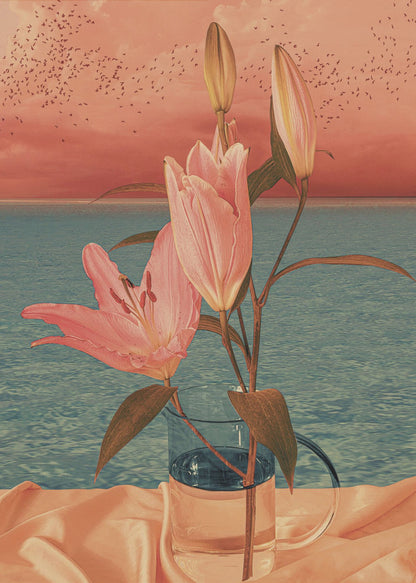 A surrealist artwork depicting pink lilies in a clear glass pitcher set against a backdrop of a calm blue ocean and a dusky pink sunset sky filled with a flock of birds. Artwork