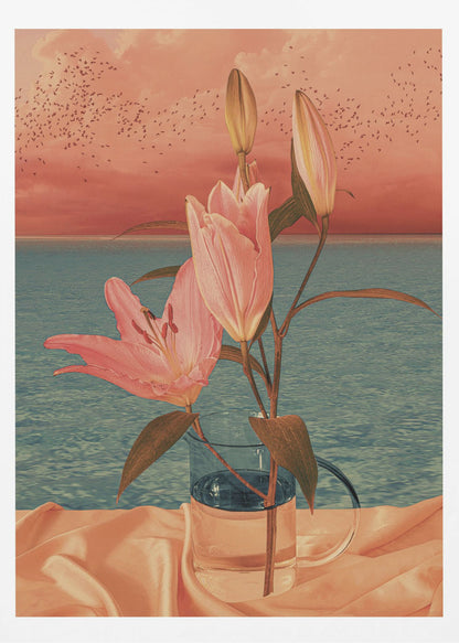A surrealist artwork depicting pink lilies in a clear glass pitcher set against a backdrop of a calm blue ocean and a dusky pink sunset sky filled with a flock of birds. Artwork