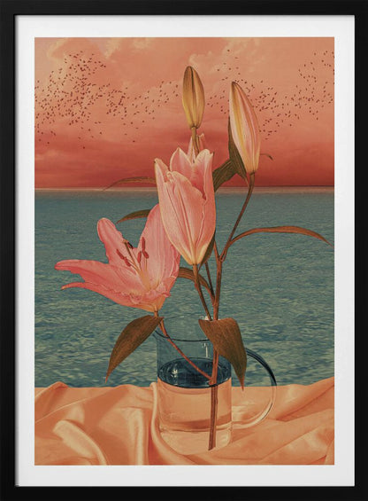 A surrealist artwork depicting pink lilies in a clear glass pitcher set against a backdrop of a calm blue ocean and a dusky pink sunset sky filled with a flock of birds. Artwork