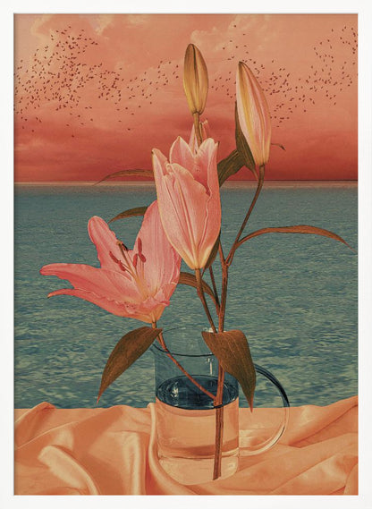A surrealist artwork depicting pink lilies in a clear glass pitcher set against a backdrop of a calm blue ocean and a dusky pink sunset sky filled with a flock of birds. Artwork