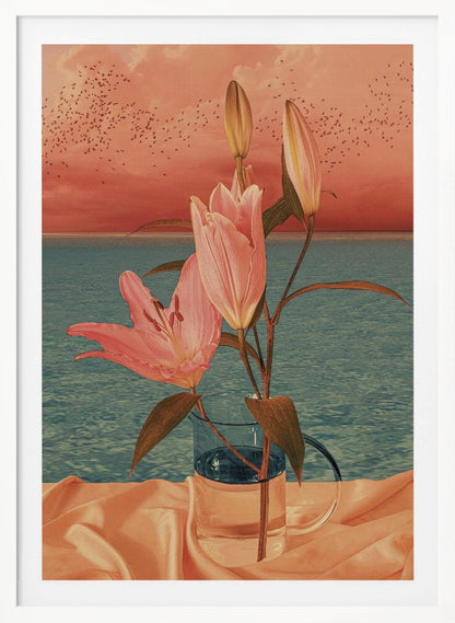 A surrealist artwork depicting pink lilies in a clear glass pitcher set against a backdrop of a calm blue ocean and a dusky pink sunset sky filled with a flock of birds. Artwork