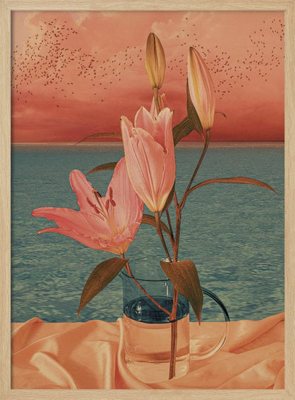 A surrealist artwork depicting pink lilies in a clear glass pitcher set against a backdrop of a calm blue ocean and a dusky pink sunset sky filled with a flock of birds. Artwork