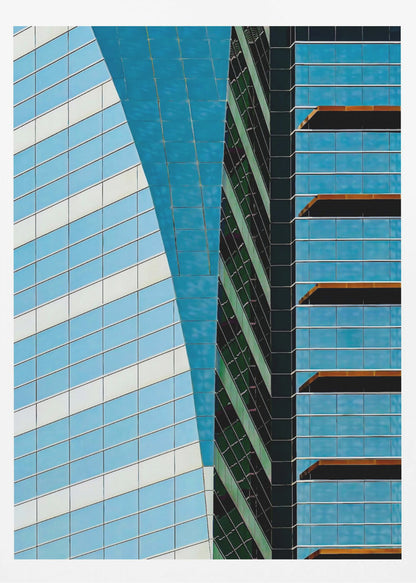 An abstract close-up photograph of modern skyscrapers, featuring a dynamic composition of intersecting lines and geometric patterns. The facades consist of blue, white, and dark green reflective glass, creating a visually complex play of light, shadow, and color. Wall Art