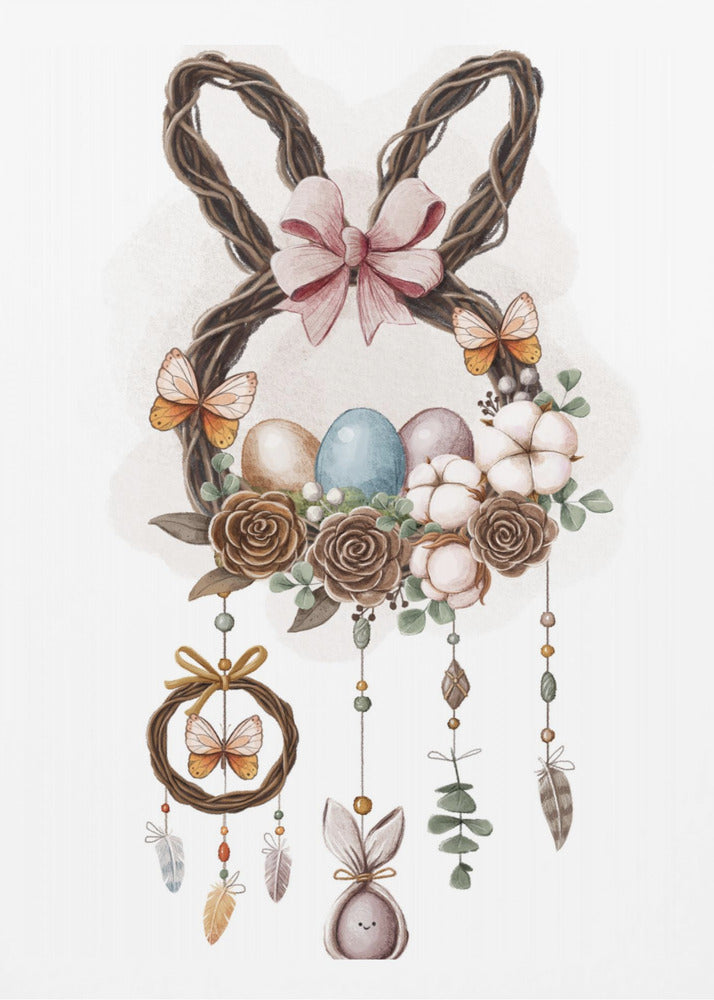 A watercolor illustration of a bohemian-style Easter decoration featuring a wreath made of woven twigs shaped like bunny ears, adorned with a pink bow. The base of the wreath holds colorful Easter eggs, brown roses, and cotton bolls, with butterflies perched on it. Dreamcatcher-like strands with beads, feathers, and a small bunny figure hang below. Wall Art