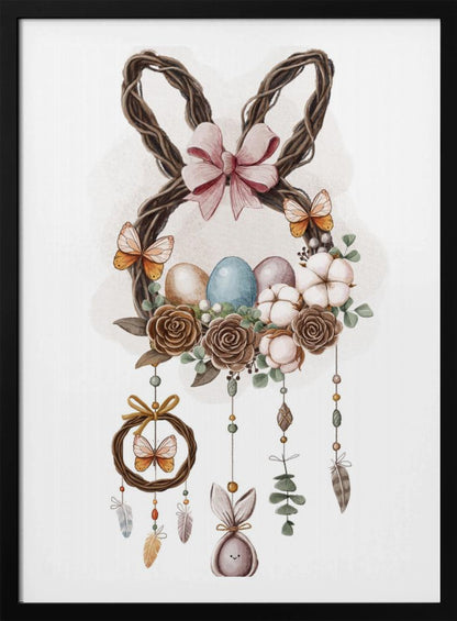 A watercolor illustration of a bohemian-style Easter decoration featuring a wreath made of woven twigs shaped like bunny ears, adorned with a pink bow. The base of the wreath holds colorful Easter eggs, brown roses, and cotton bolls, with butterflies perched on it. Dreamcatcher-like strands with beads, feathers, and a small bunny figure hang below. Wall Art