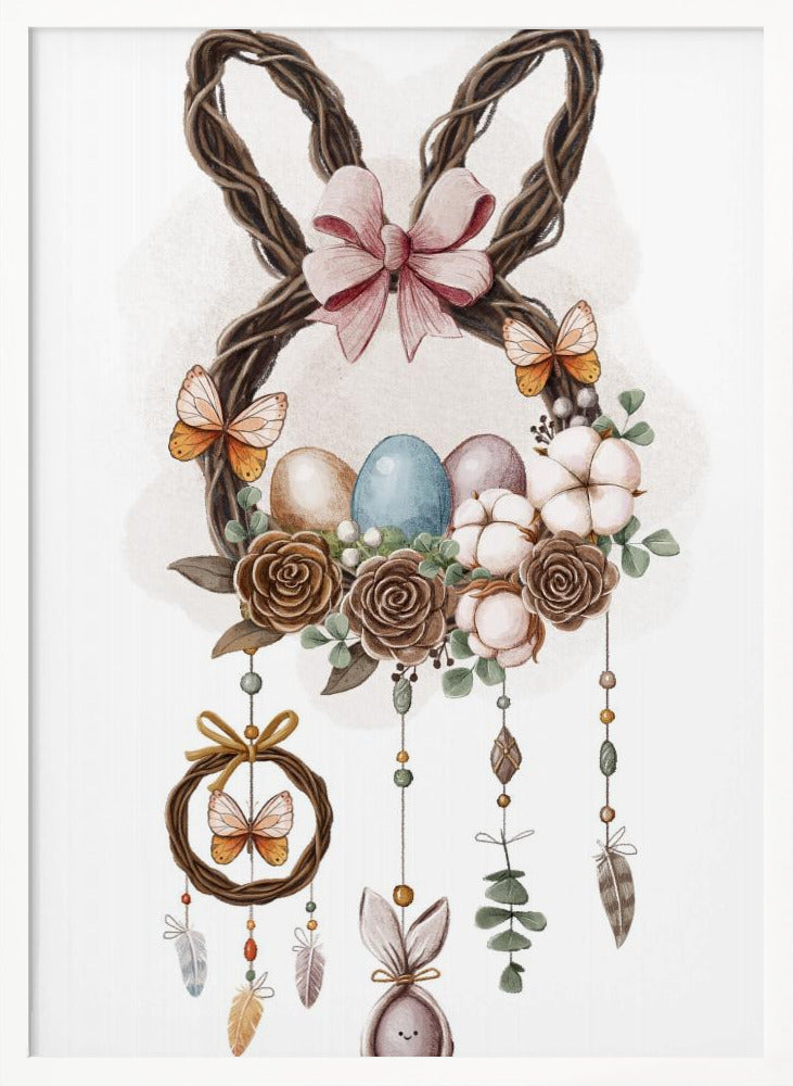 A watercolor illustration of a bohemian-style Easter decoration featuring a wreath made of woven twigs shaped like bunny ears, adorned with a pink bow. The base of the wreath holds colorful Easter eggs, brown roses, and cotton bolls, with butterflies perched on it. Dreamcatcher-like strands with beads, feathers, and a small bunny figure hang below. Wall Art